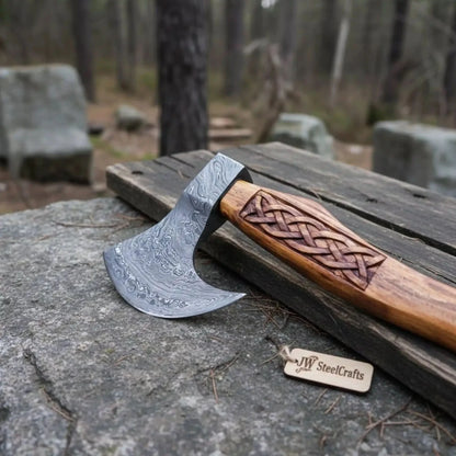Hand Forged Damascus Bearded Viking Axe, Carved Rosewood Handle Nordic Bushcraft Hatchet | JW SteelCrafts