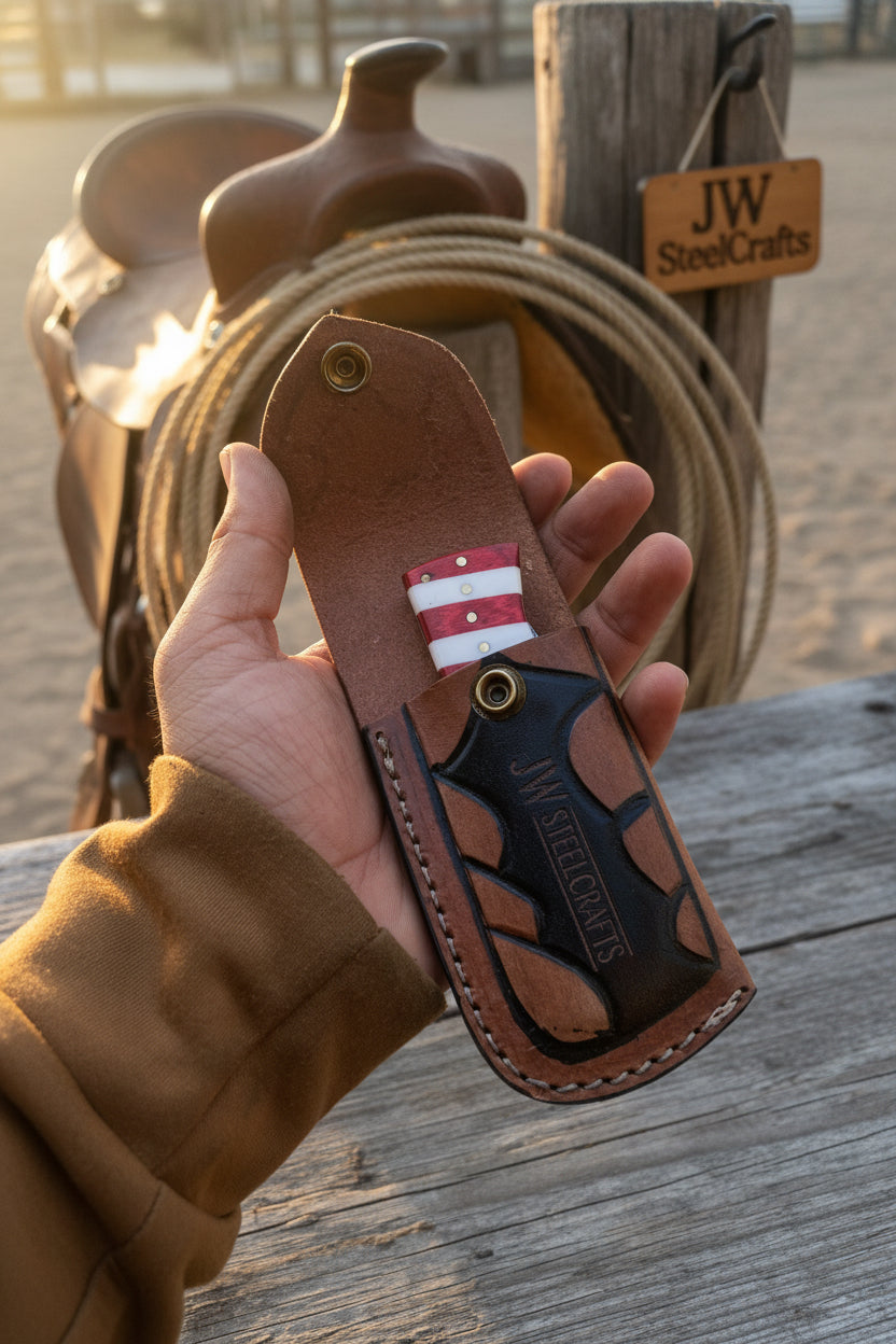 Patriot Damascus Folding Knife 7” opened – American Flag Handle with Leather Sheath