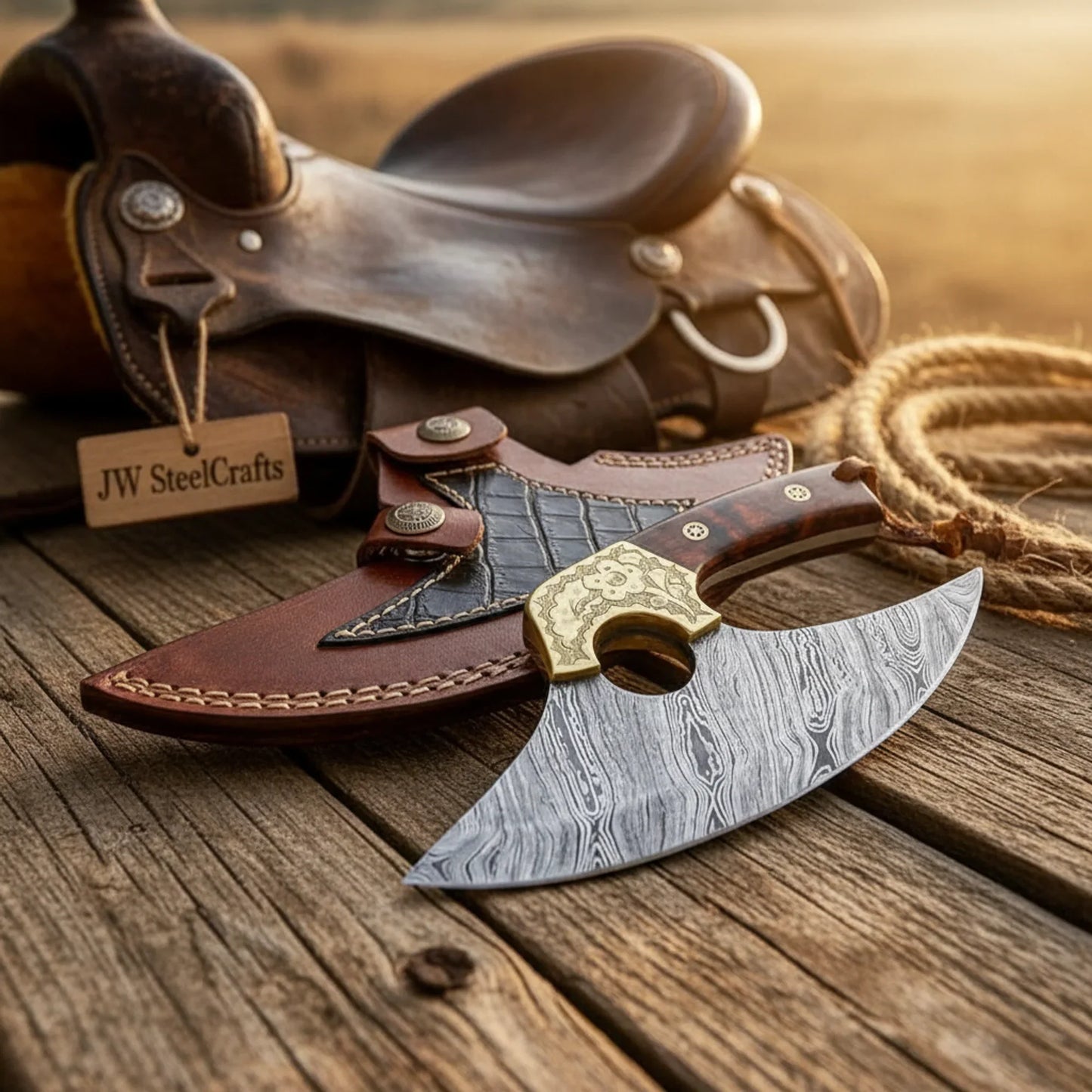 Homestead Ulu Knife 6" Damascus Steel Rocker Blade, Brass Bolster & Sheath