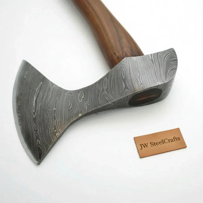 Hand Forged Damascus Steel Viking Axe – True Layered Bearded Axe with Hardwood Handle & Leather Sheath | JW SteelCrafts