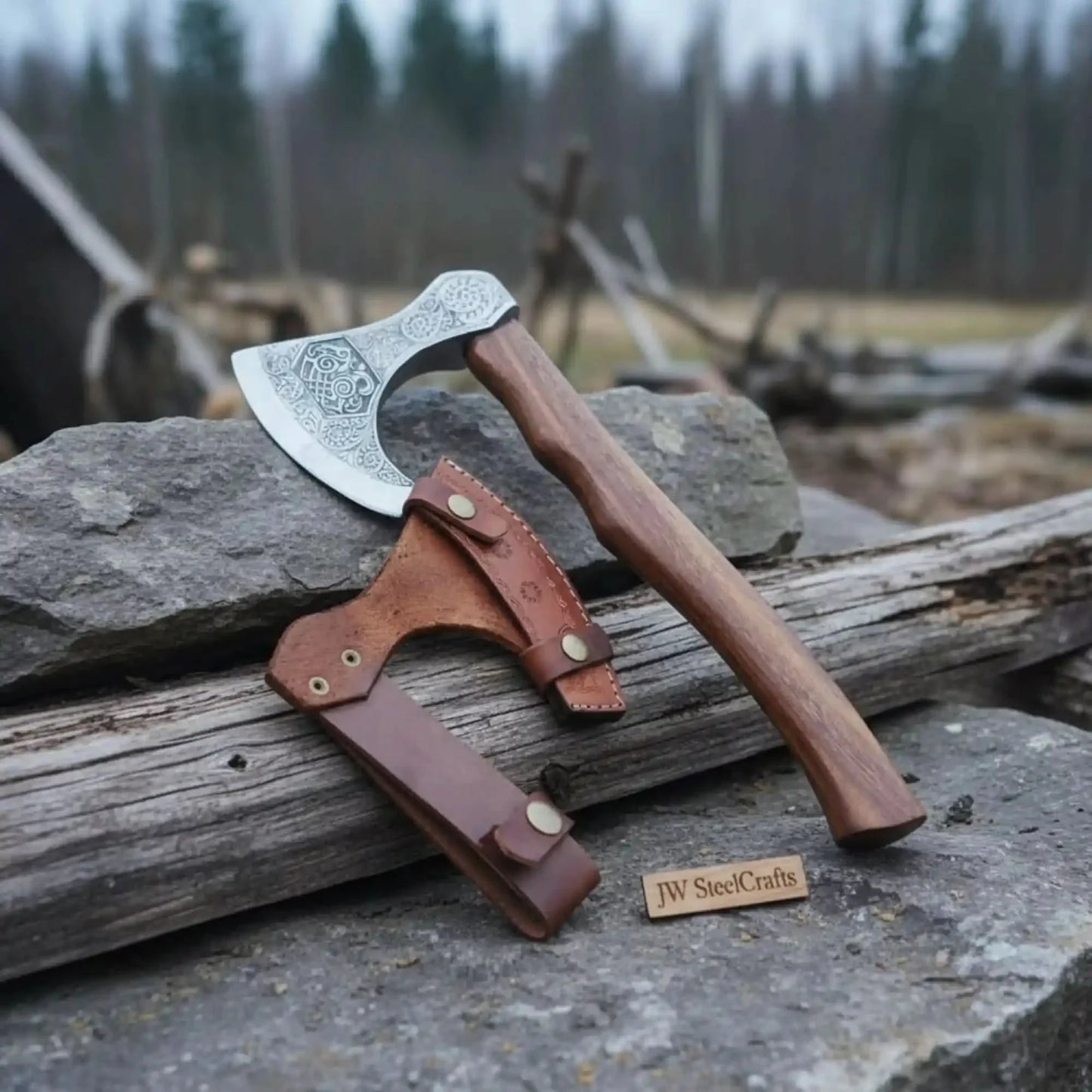 Norse Pattern Acid Etched Bushcraft Belt Viking Bearded Axe with Leather Carry Sheath