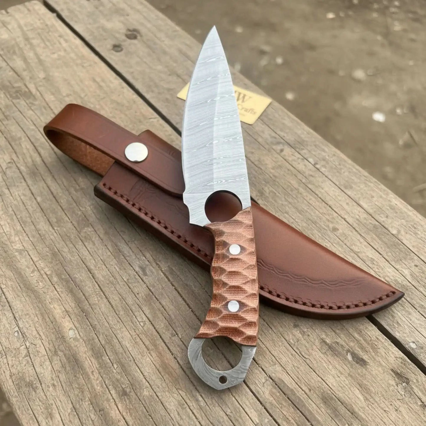 Handmade Damascus Karambit Hunting Knife with Brown Micarta Handle