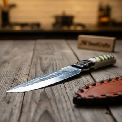 10-Inch Hammered Spear Point Survival Knife — Ram Horn Black Resin Handle, Tiger Engraved Copper Bolster & Leather Sheath