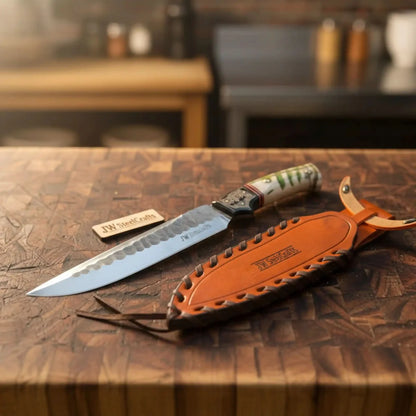 10-Inch Hammered Spear Point Survival Knife — Ram Horn Black Resin Handle, Tiger Engraved Copper Bolster & Leather Sheath