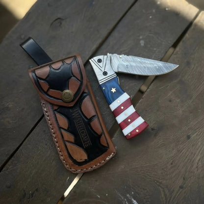 Damascus Folding Pocket Knife — American Flag Handle