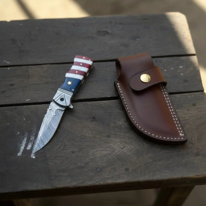 Damascus Folding Pocket Knife — American Flag Handle