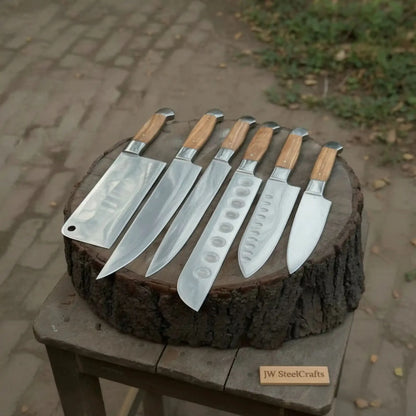 7-Piece Stainless Steel Kitchen Knife Set — Olive Wood Handles, Steel Bolsters and Leather Kit