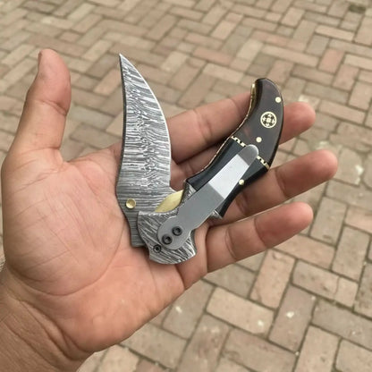 Damascus Recurve Folding Pocket Knife — Liner Lock, Black Resin & Wood Handle, Brass Spacer & Pocket Clip
