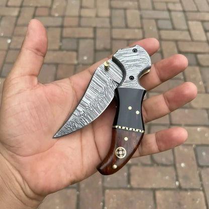 Damascus Recurve Folding Pocket Knife — Liner Lock, Black Resin & Wood Handle, Brass Spacer & Pocket Clip