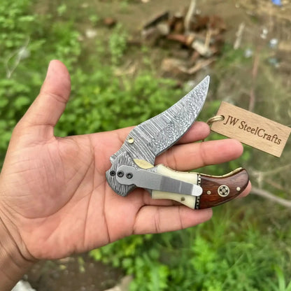 2-Piece Damascus Hawkbill Folding Pocket Knives — Liner Lock, Rosewood Black & Cream Resin Handles, Brass Bolsters