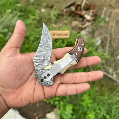 Damascus Hawkbill Folding Pruning Knife — Liner Lock, Rosewood & Bone Handle, Mosaic Pin