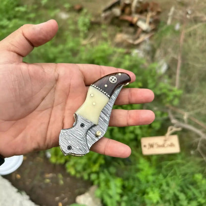Damascus Hawkbill Folding Pruning Knife — Liner Lock, Rosewood & Bone Handle, Mosaic Pin