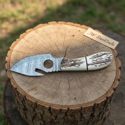 Handmade Damascus Gut Hook Skinner Hunting Knife Fixed Blade Synthetic Stag Handle with Thumb Hole