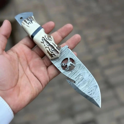 Damascus Gut Hook Hunting Knife with Deer Cutout Blade and Synthetic Stag Handle
