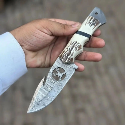 Damascus Gut Hook Hunting Knife with Deer Cutout Blade and Synthetic Stag Handle