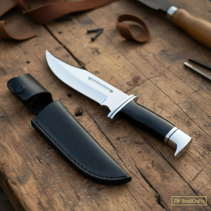 Carbon Steel Clip Point Bowie Knife — Black Resin Handle, Steel Guard, Steel Pommel & Mirror Polished Blade