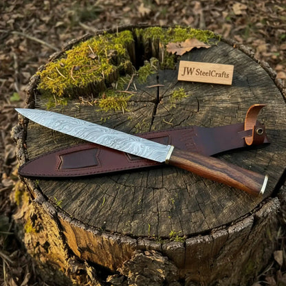 15-Inch Damascus Seax Knife — 10-Inch Wave Pattern Blade, Rosewood Handle