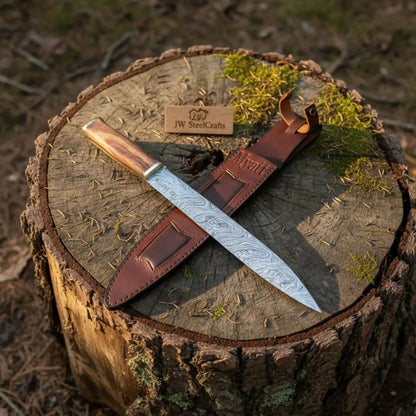15-Inch Damascus Seax Knife — 10-Inch Wave Pattern Blade, Rosewood Handle