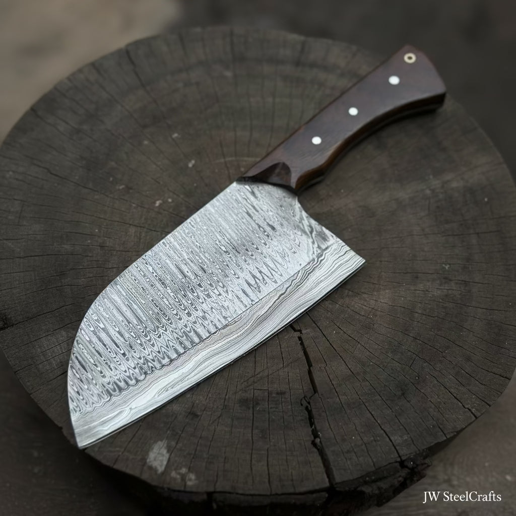 10-Inch Damascus Camp Cleaver — 5.5 Inch Blade, Tali Wood Handle, Silver Pins & Black Spacer