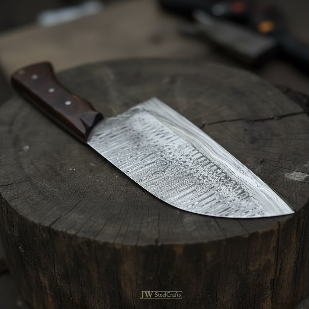 10-Inch Damascus Camp Cleaver — 5.5 Inch Blade, Tali Wood Handle, Silver Pins & Black Spacer