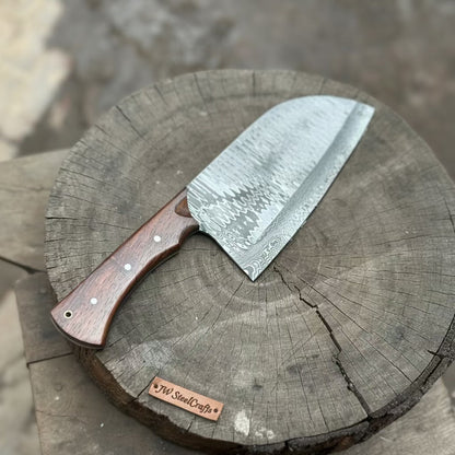 10-Inch Damascus Camp Cleaver — 5.5 Inch Blade, Tali Wood Handle, Silver Pins & Black Spacer