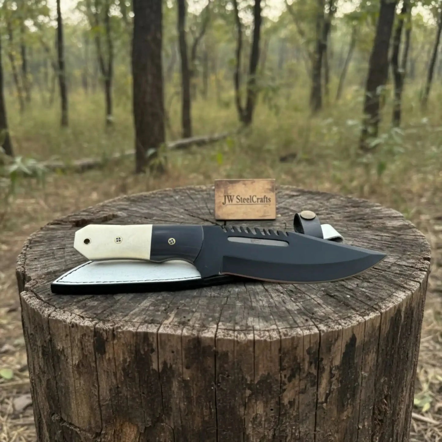 Straight Back Utility Knife 8” Blade Fixed Blade Filework Spine Bone Handle with Sheath