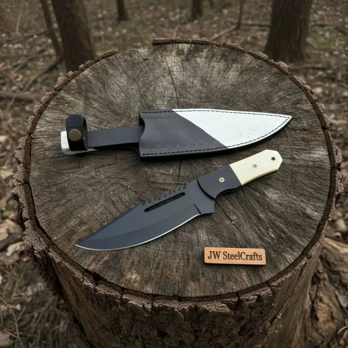 Straight Back Utility Knife 8” Blade Fixed Blade Filework Spine Bone Handle with Sheath