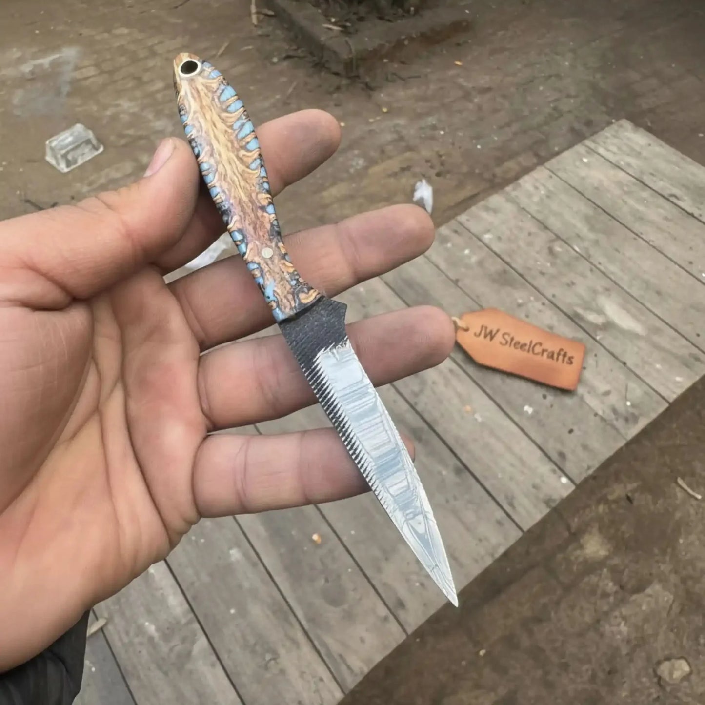 7-Inch Rasp Steel Dagger — Double-Edged Blade, Pinecone Blue Resin Handle, Steel Guard & Brass Lanyard Hole