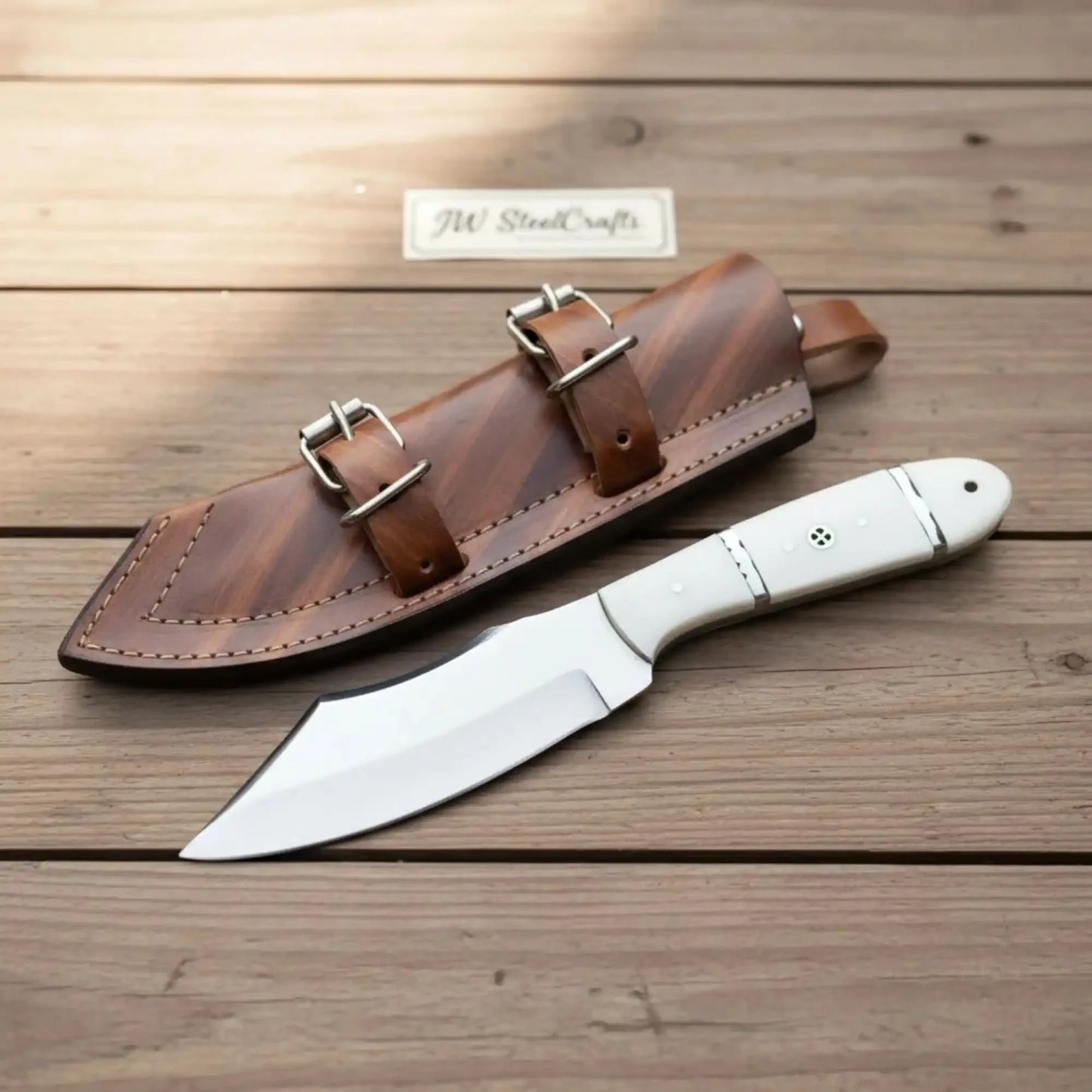 Handmade Carbon Steel Hunting Knife with White Epoxy Resin Handle