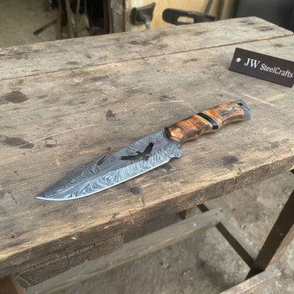 Handmade Feather Damascus Hunting Knife with Burned Camel Bone Handle &amp; Eagle Engraving