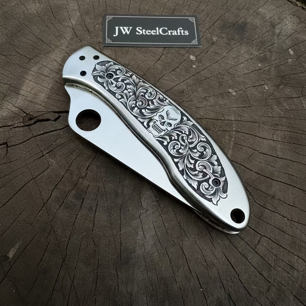 Hand Engraved D2 Steel Folding Pocket Knife — Mirror Polished Leaf Blade, Skull Floral Scroll Stainless Handle