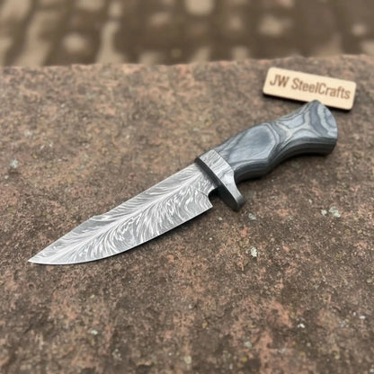 Bobcat Style Drop Point Hunting Knife Feather Damascus Blade Gray Pakka Wood Handle EDC Fixed Blade