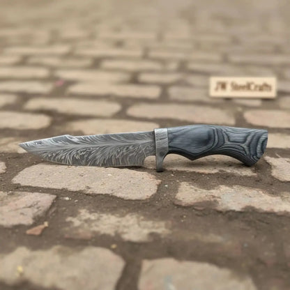 Bobcat Style Drop Point Hunting Knife Feather Damascus Blade Gray Pakka Wood Handle EDC Fixed Blade