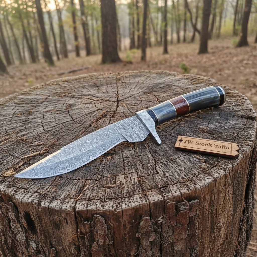 Handmade Damascus Bowie Knife with Colored Bone Handle | Full Tang Fixed Blade