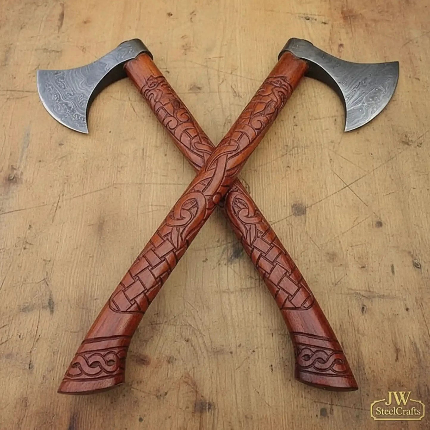 Handmade Norse Viking Axe Pair with Damascus Steel Heads & Hand Engraved Wooden Handles