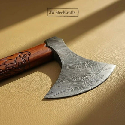 Handmade Norse Viking Axe Pair with Damascus Steel Heads & Hand Engraved Wooden Handles