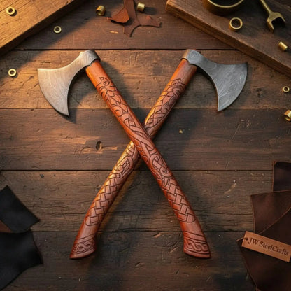 Handmade Norse Viking Axe Pair with Damascus Steel Heads & Hand Engraved Wooden Handles