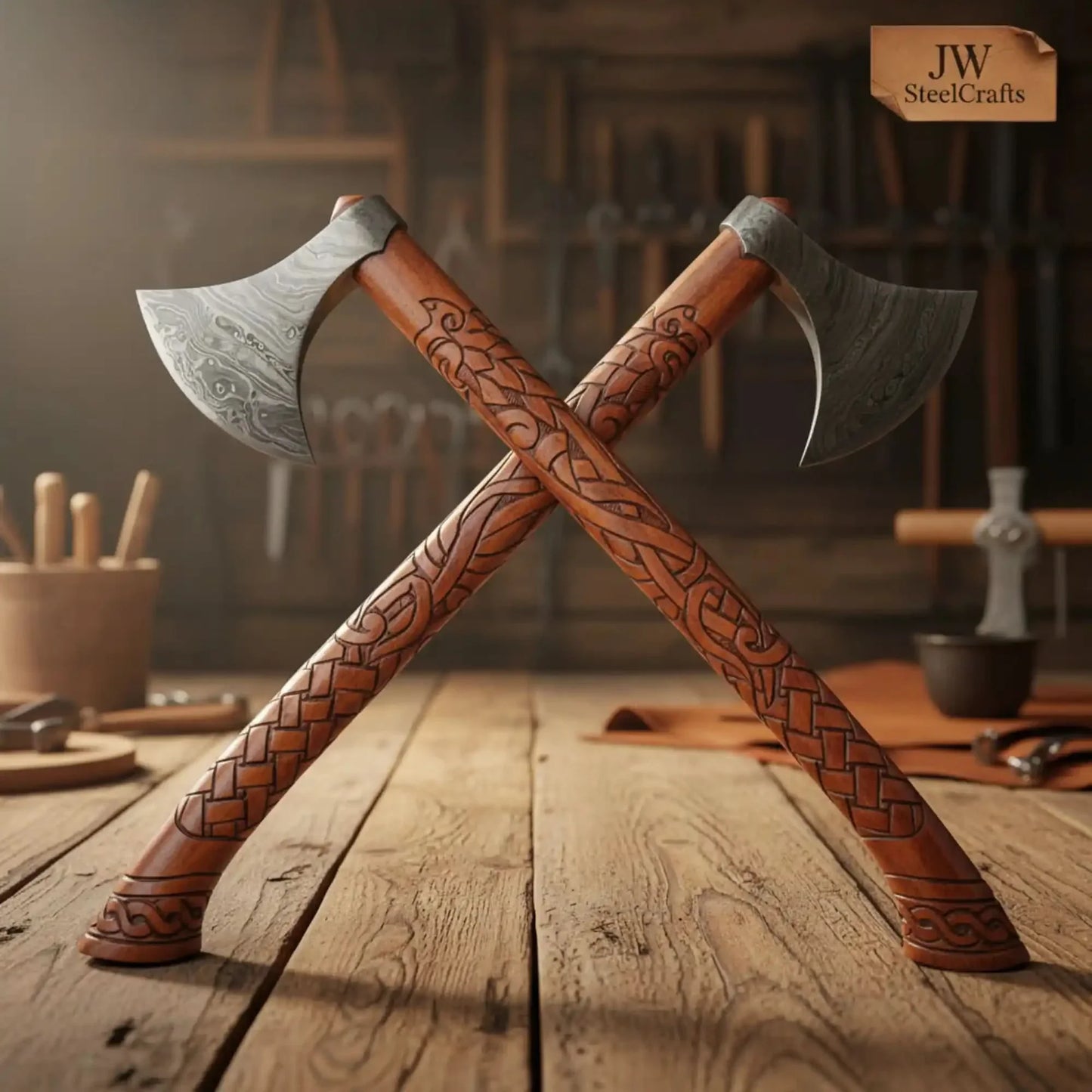 Handmade Norse Viking Axe Pair with Damascus Steel Heads & Hand Engraved Wooden Handles