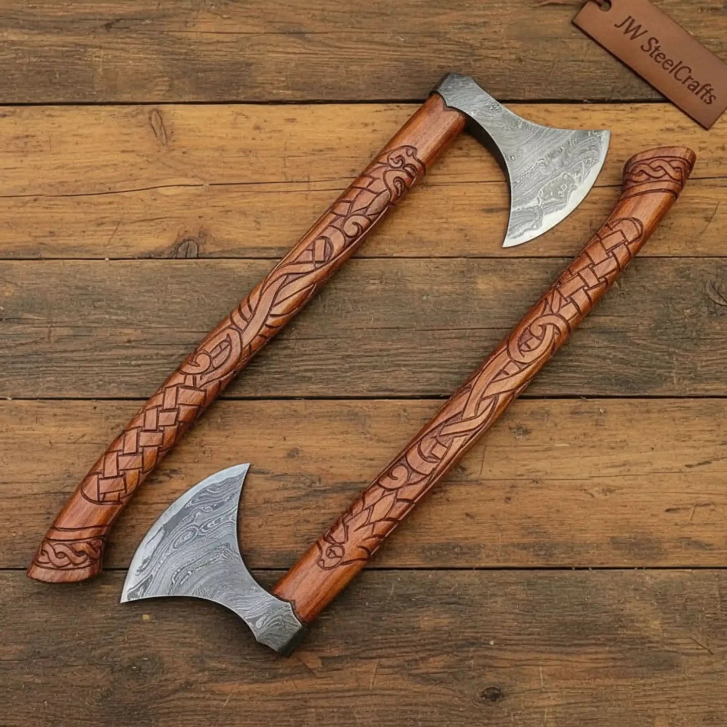 Handmade Norse Viking Axe Pair with Damascus Steel Heads & Hand Engraved Wooden Handles