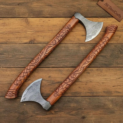 Handmade Norse Viking Axe Pair with Damascus Steel Heads & Hand Engraved Wooden Handles