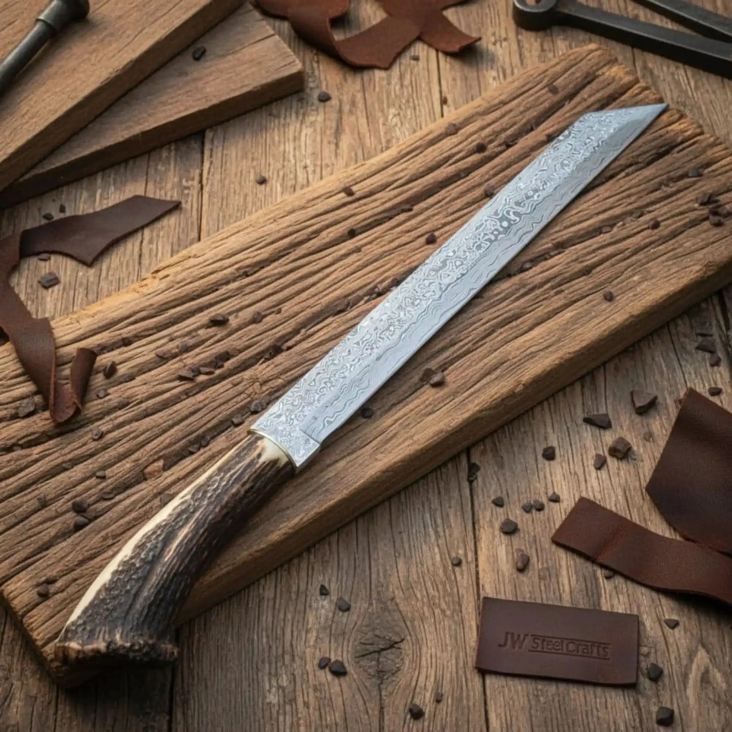Long Seax Knife Straight Back Blade-Damascus steel | Medieval Style Knife