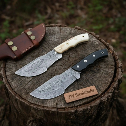 Handmade Damascus Tracker Knife Pair with Camel Bone & Black Micarta Handles