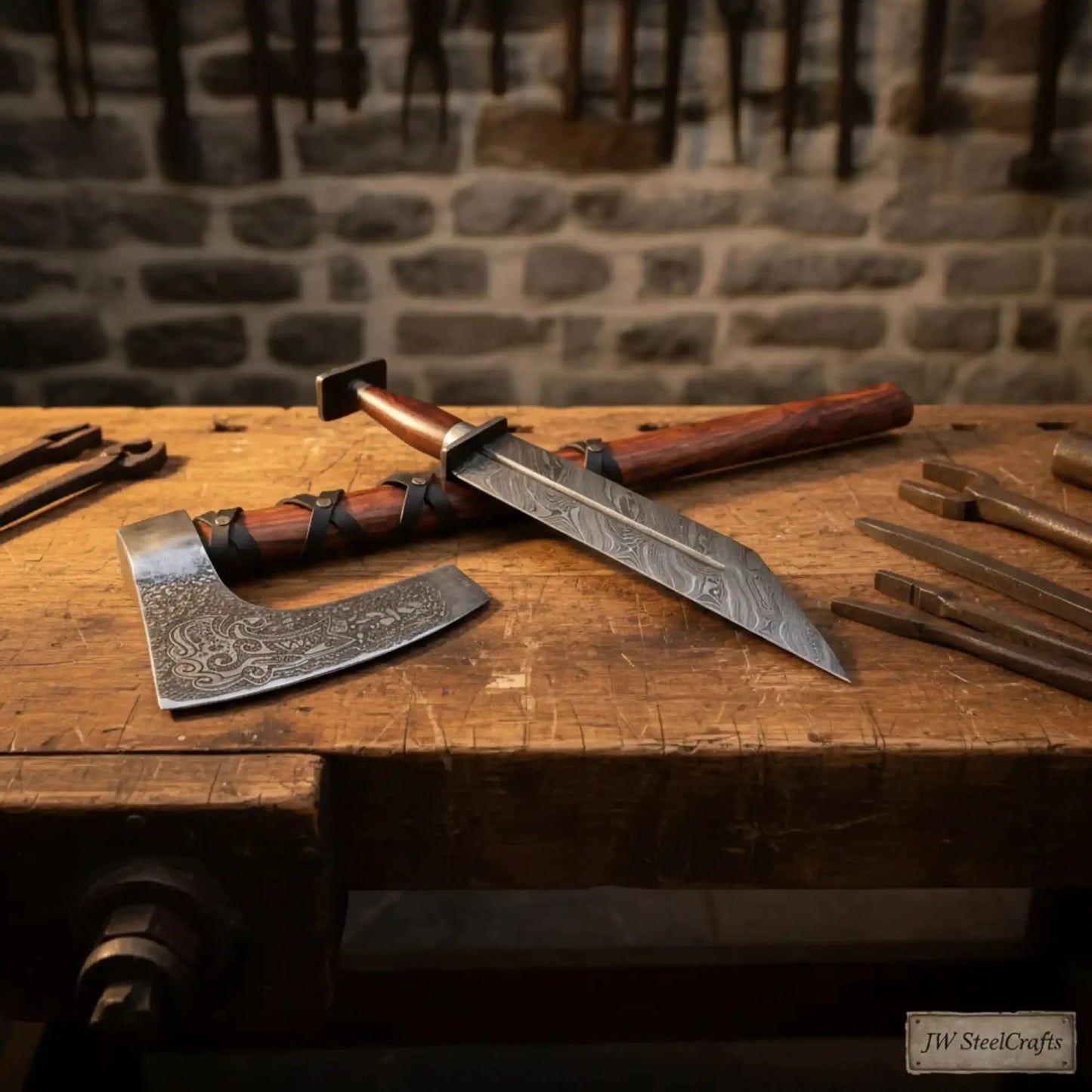 Viking Bearded Axe and Seax Knife Set | Bushcraft Wood Cutting