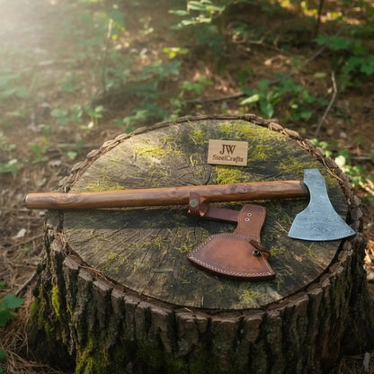 Handmade Damascus Camping Axe with Tali Wood Handle | Full Tang Outdoor Hatchet