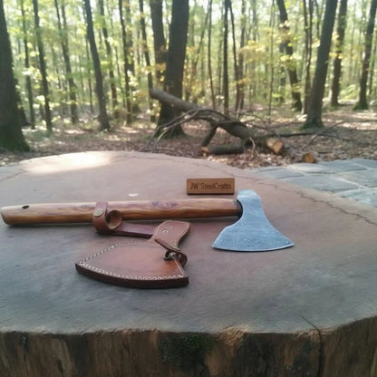 Handmade Damascus Camping Axe with Tali Wood Handle | Full Tang Outdoor Hatchet