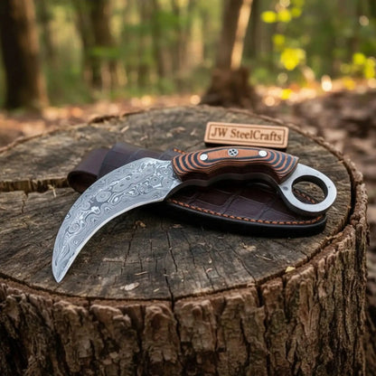 Handmade Damascus Karambit Knife with Multi-Color Micarta Handle