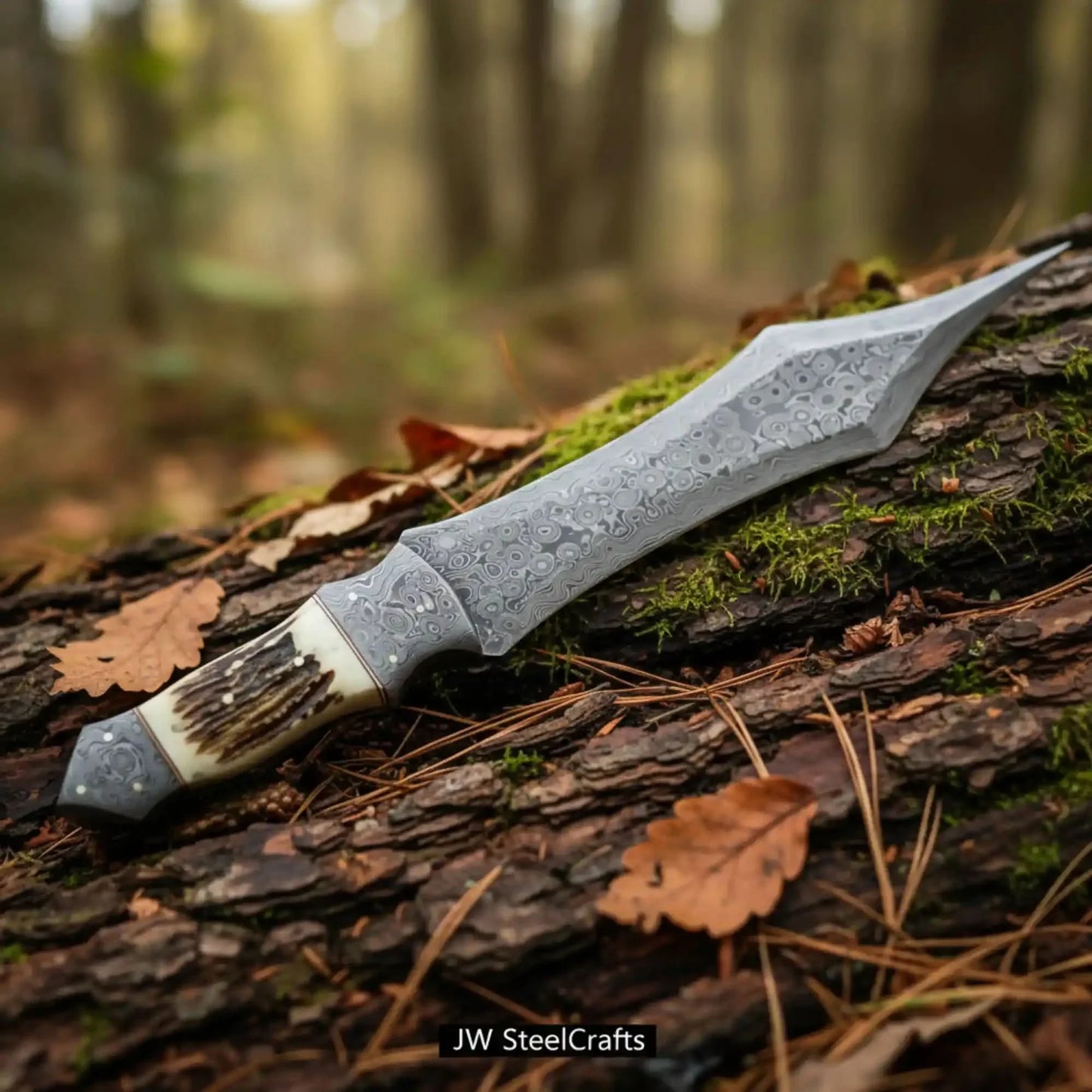 Handmade Damascus Medieval Spear Point Dagger with Stag Horn Handle