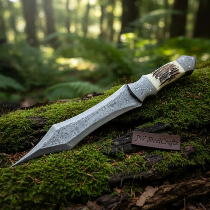 Handmade Damascus Medieval Spear Point Dagger with Stag Horn Handle