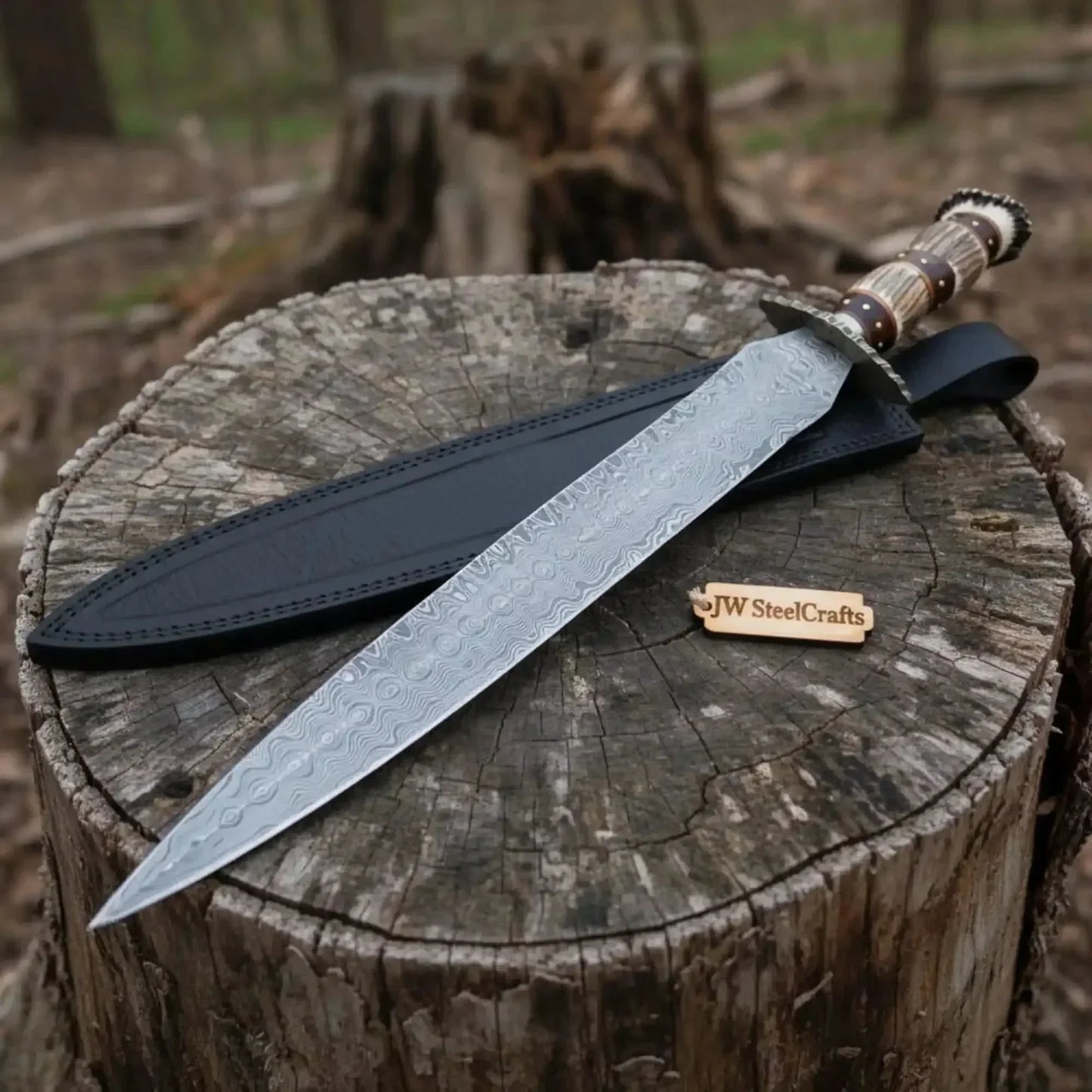 Double Edge Damascus Steel Knife with Stag Horn Handle