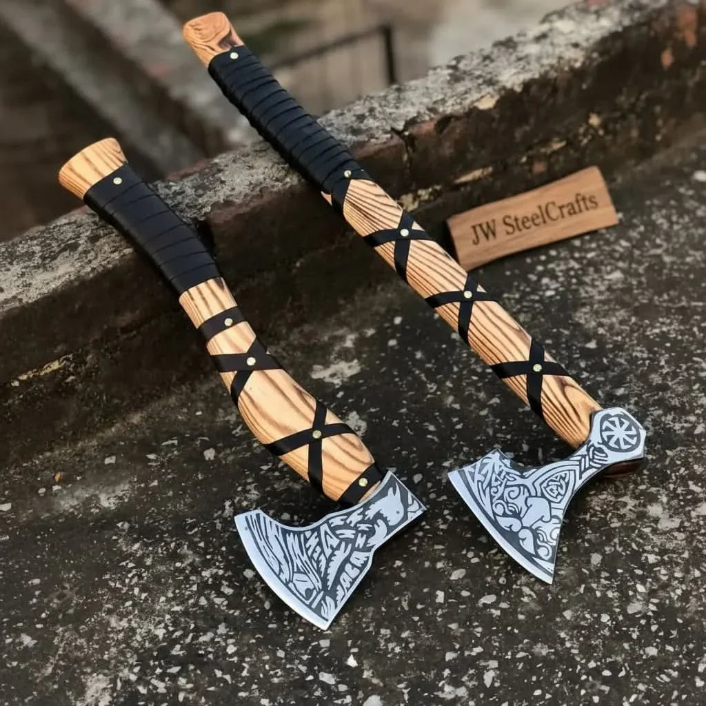 Dual Camping Hatchets Steel Heads Carved Wood Handle Balanced Set